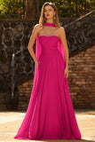 Strapless Fuchsia A Line Pleated Long Prom Dress With Ribbon