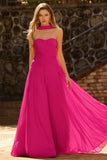 Strapless Fuchsia A Line Pleated Long Prom Dress With Ribbon