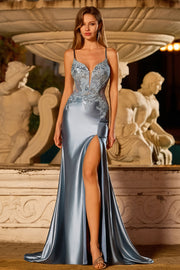 Grey Blue Mermaid Satin Applique Long Prom Dress With Slit