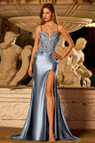 Grey Blue Mermaid Satin Applique Long Prom Dress With Slit