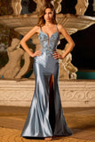 Grey Blue Mermaid Satin Applique Long Prom Dress With Slit