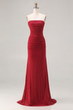 Sparkly Strapless Mermaid Red Ruched Prom Dress
