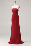 Sparkly Strapless Mermaid Red Ruched Prom Dress