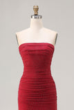 Sparkly Strapless Mermaid Red Ruched Prom Dress