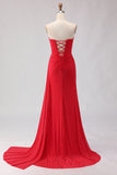 Sparkly Red Beaded Long Prom Dress with Side Cape