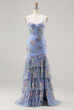 Blue Floral Corset Sequin Tiered Long Prom Dress