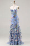 Blue Floral Corset Sequin Tiered Long Prom Dress