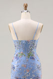 Blue Floral Corset Sequin Tiered Long Prom Dress