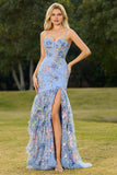 Floral Blue Sequin Corset Tiered Long Prom Dress with Slit
