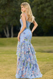 Floral Blue Sequin Corset Tiered Long Prom Dress with Slit
