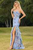 Floral Blue Sequin Corset Tiered Long Prom Dress with Slit