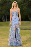 Floral Blue Sequin Corset Tiered Long Prom Dress with Slit
