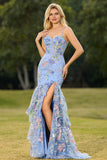 Floral Blue Sequin Corset Tiered Long Prom Dress with Slit