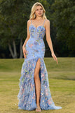 Floral Blue Sequin Corset Tiered Long Prom Dress with Slit