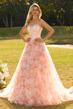Floral Pink Strapless A Line Corset Tulle Prom Dress With Ruffles