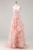 Pink Floral Strapless A Line Corset Ruffled Prom Dress