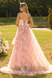 Pink Floral Strapless A Line Corset Ruffled Prom Dress
