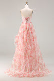 Pink Floral Strapless A Line Corset Ruffled Prom Dress