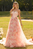 Floral Pink Strapless A Line Corset Tulle Prom Dress With Ruffles