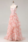 Pink Floral Strapless A Line Corset Ruffled Prom Dress