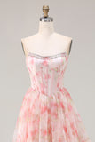 Pink Floral Strapless A Line Corset Ruffled Prom Dress