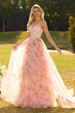 Floral Pink Strapless A Line Corset Tulle Prom Dress With Ruffles
