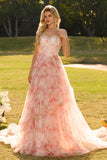 Floral Pink Strapless A Line Corset Tulle Prom Dress With Ruffles