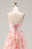 Pink Floral Strapless A Line Corset Ruffled Prom Dress