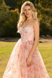 Floral Pink Strapless A Line Corset Tulle Prom Dress With Ruffles
