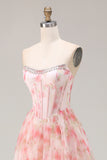 Pink Floral Strapless A Line Corset Ruffled Prom Dress