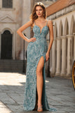 Grey Green Sheath Appliqued Beaded Long Prom Dress with Slit