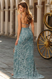 Grey Green Sheath Appliqued Beaded Long Prom Dress with Slit