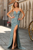 Grey Green Sheath Appliqued Beaded Long Prom Dress with Slit