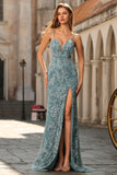 Grey Green Sheath Appliqued Beaded Long Prom Dress with Slit