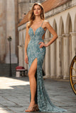 Grey Green Sheath Appliqued Beaded Long Prom Dress with Slit