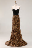 Brown Leopard Strapless Mermaid Prom Dress with Bow