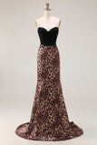 Brown Leopard Strapless Mermaid Prom Dress with Bow