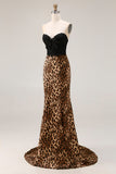Brown Leopard Strapless Mermaid Prom Dress with Bow