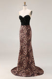 Brown Leopard Strapless Mermaid Prom Dress with Bow