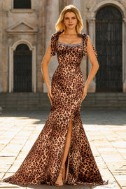 Brown Leopard Print Mermaid Beaded Long Prom Dress With Slit