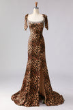Mermaid Beaded Bowed Brown Leopard Prom Dress
