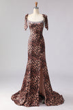 Mermaid Beaded Bowed Brown Leopard Prom Dress