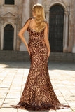 Brown Leopard Print Mermaid Beaded Long Prom Dress With Slit