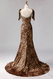 Mermaid Beaded Bowed Brown Leopard Prom Dress