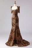 Mermaid Beaded Bowed Brown Leopard Prom Dress