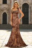Brown Leopard Print Mermaid Beaded Long Prom Dress With Slit