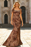 Brown Leopard Print Mermaid Beaded Long Prom Dress With Slit