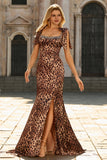 Brown Leopard Print Mermaid Beaded Long Prom Dress With Slit