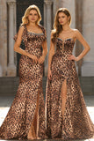 Brown Leopard Print Mermaid Beaded Long Prom Dress With Slit