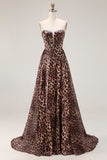 Strapless A Line Brown Leopard Corset Prom Dress